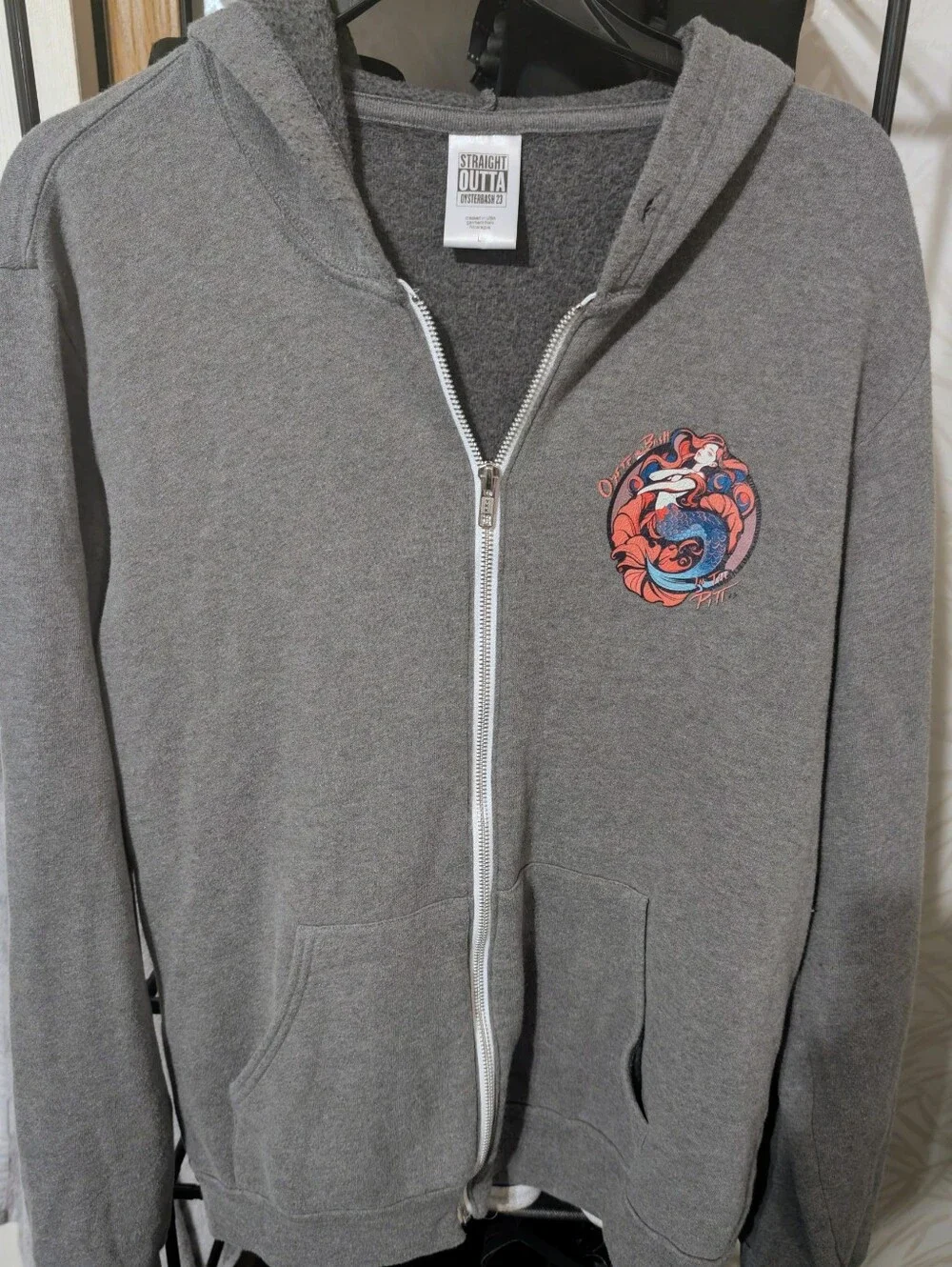Straight Outta Oyster Bash 23 Men's Gray Zip Hoodie with Mermaid Graphic Large